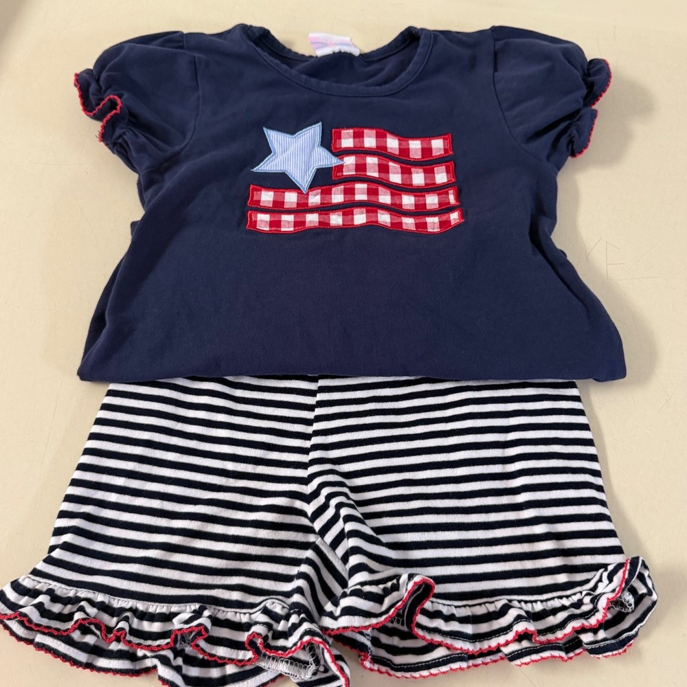 Stitchy Fish Girls Patriotic Flag Gingham Ruffle Short Set Navy Size 7